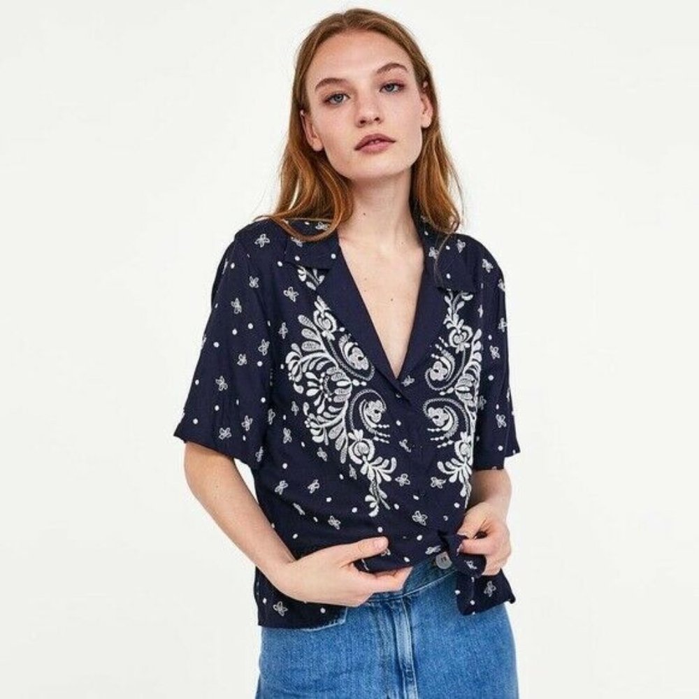 Zara Navy Blue Contrast Embroidered Top